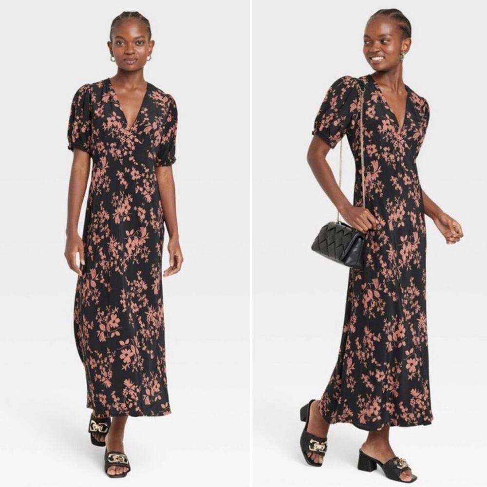 A New Day Crepe Puff Sleeve Floral Midi Dress
